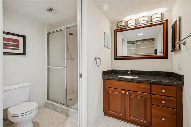 a bathroom with a granite countertop toilet a sink and mirror