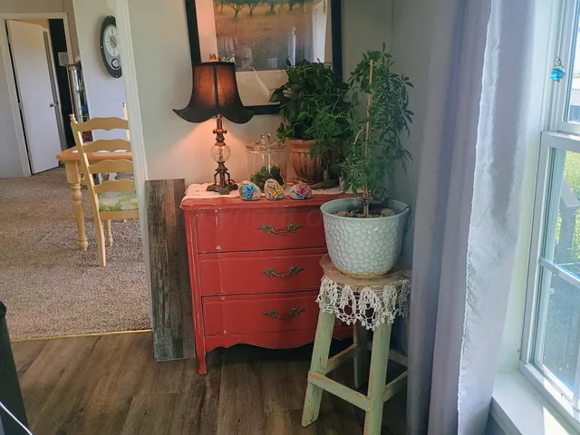 a dining room with wooden floor and a floor to ceiling window