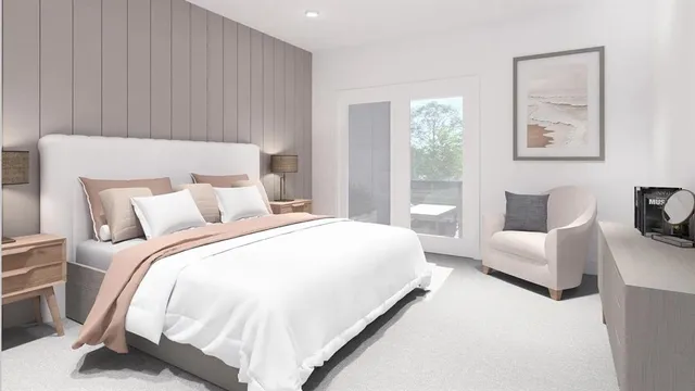 a bedroom with bed and furniture