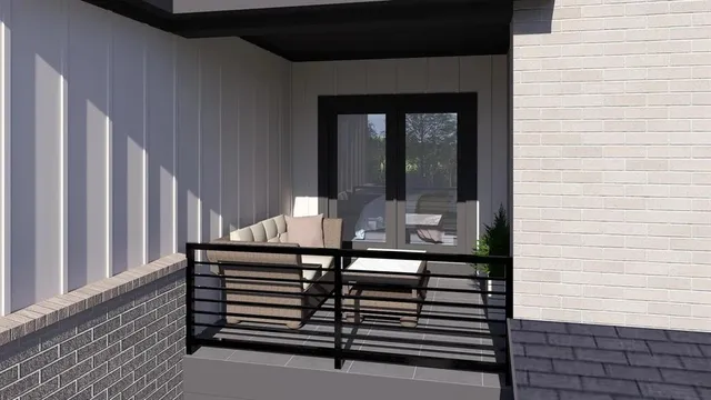 a view of a balcony with chairs