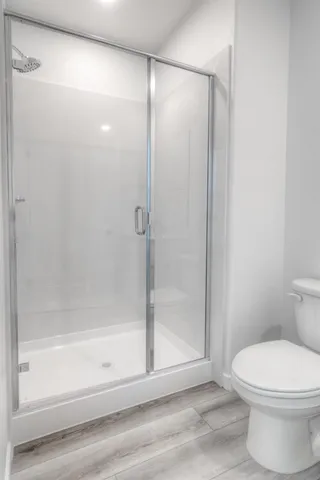 a bathroom with a shower and a toilet