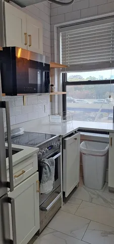 a kitchen with stainless steel appliances cabinets and a potted plant