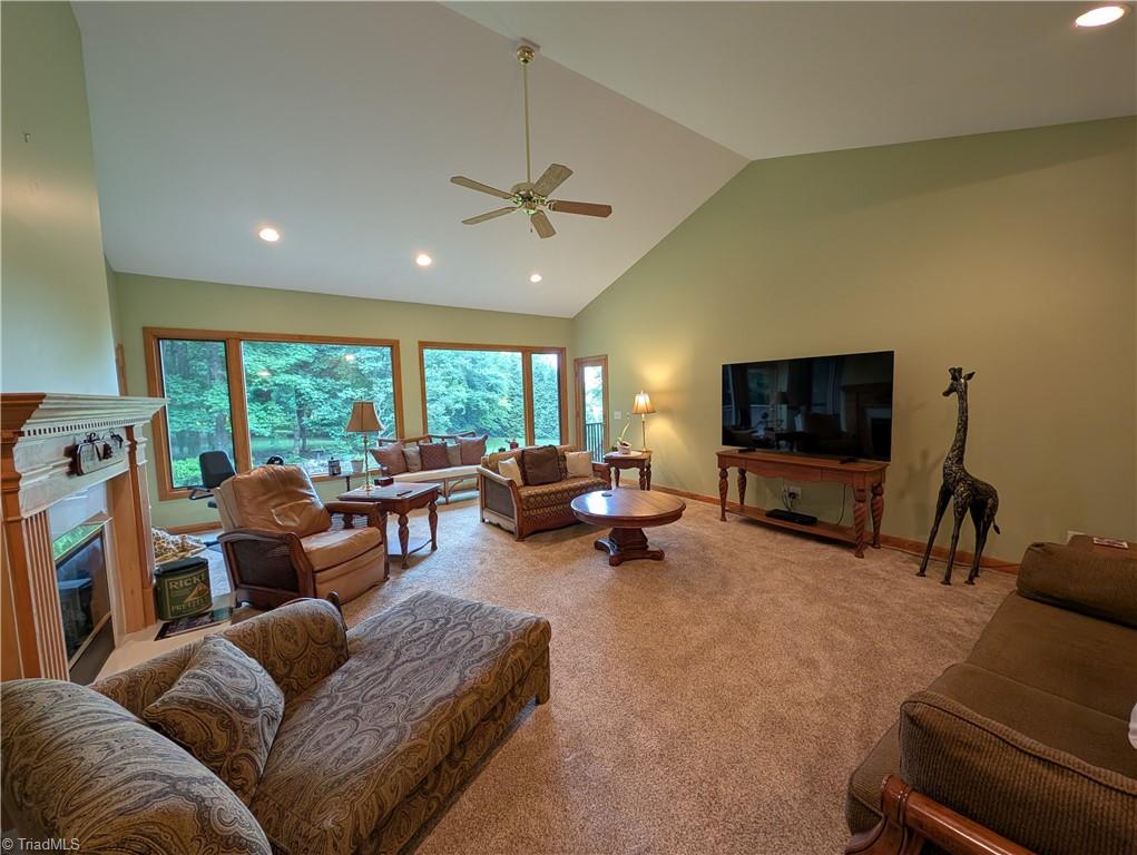 910 Whitney Court High Point, NC 27265 - Photo 3 of 24 Huge living room with vaulted ceiling overlooks deep private back yard and has doors leading to both the covered porch and separate deck.