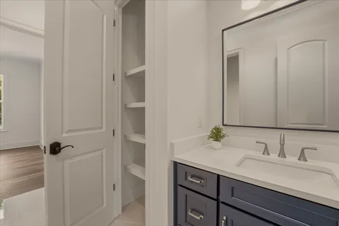 a bathroom with a sink and a fireplace