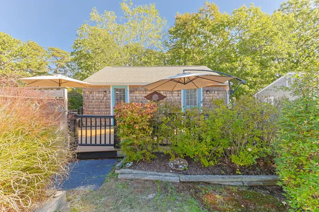 a view of a garden with an outdoor space