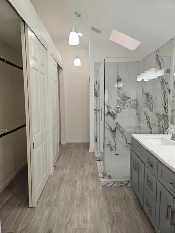 a bathroom with a sink a mirror and a shower