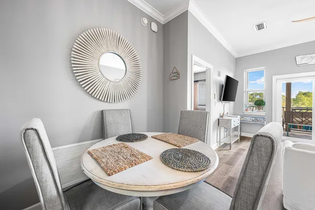 a view of a dining room with furniture