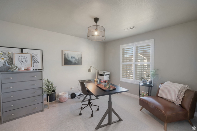 2319 North 3370 West Lehi, UT 84048 - Photo 19 of 30 Neutral-toned room featuring a window with white plantation shutters, light-colored carpeting, a ceiling-mounted light fixture, and light gray walls
