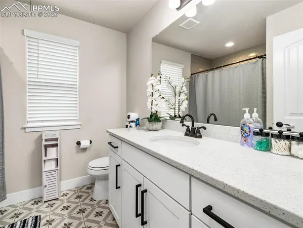 a bathroom with a double vanity sink toilet and a mirror