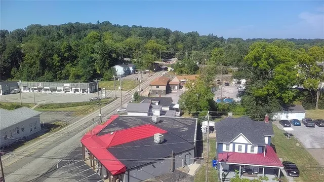 a view of a city with a swimming pool