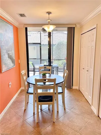 a view of a dining room with furniture window and outside view