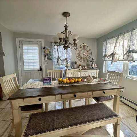 a view of a dining room with furniture and window