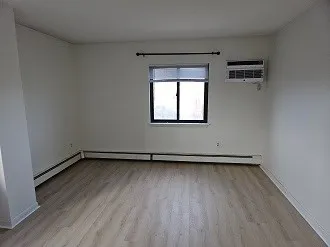 a view of empty room with wooden floor