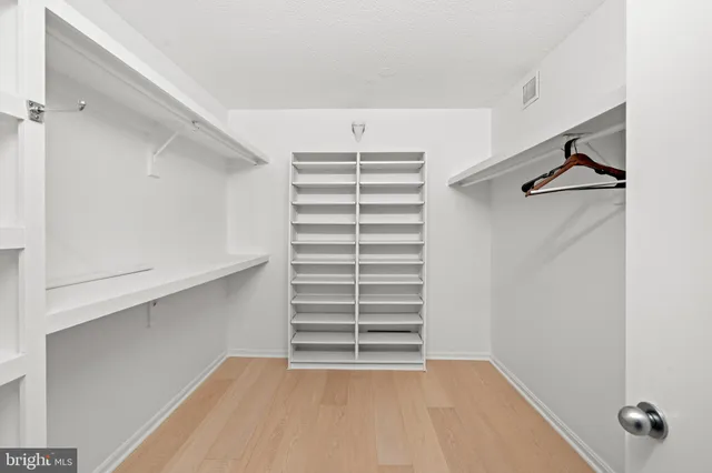 a view of walk in closet with empty racks