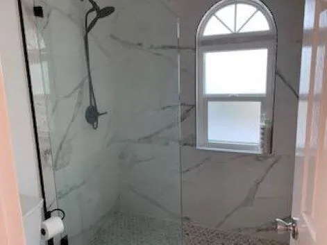 a bathroom with a window