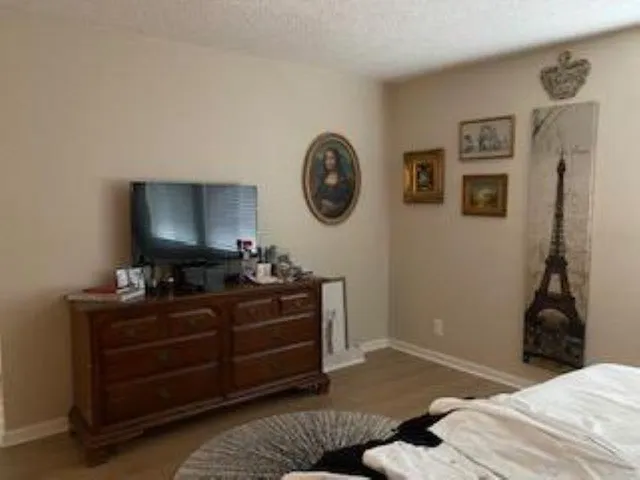 a bedroom with a bed and a television