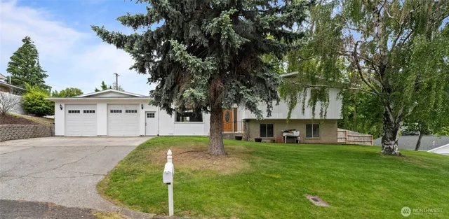 a front view of a house with a yard and trees