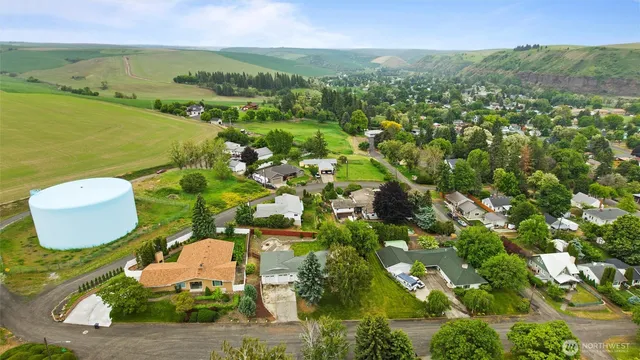 an aerial view of residential houses with outdoor space and trees