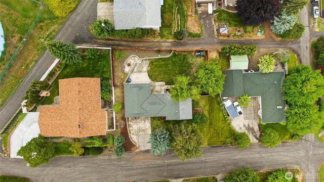 an aerial view of residential houses with outdoor space and trees