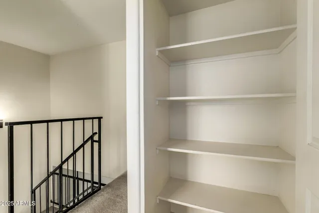 a view of walk in closet with empty racks