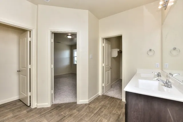 a bathroom with a sink and a mirror
