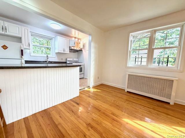 65-26B 223rd Place, Unit 2 Queens, NY 11364 - Photo 2 of 30 Kitchen with white cabinetry, radiator, white appliances, light wood-type flooring, and under cabinet range hood
