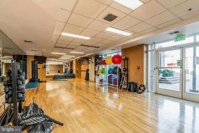a view of a room with gym equipment