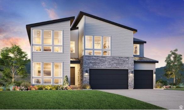 788 West Chokecherry Drive, Unit 145 Mapleton, UT 84664 - Photo 1 of 3 Modern exterior featuring horizontal siding, natural stone accents, two attached garages with dark doors, and multiple large windows