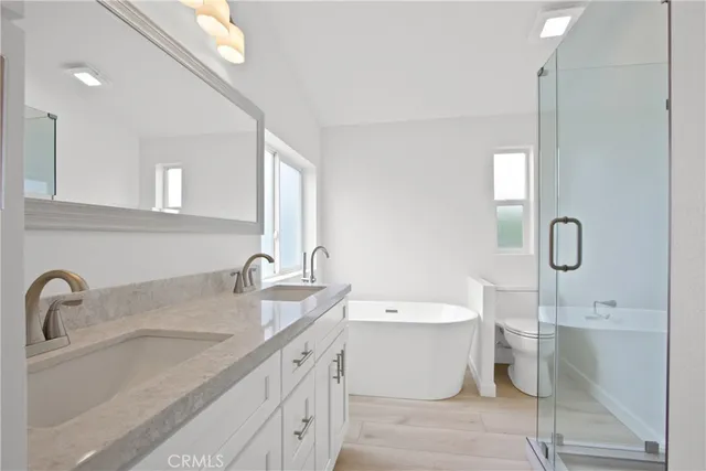 a bathroom with a double vanity sink mirror and toilet