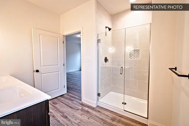 a bathroom with a shower and a sink