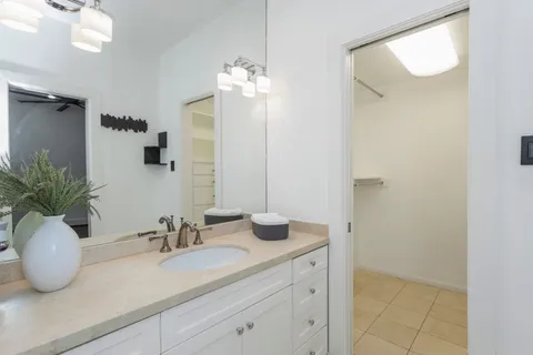 a bathroom with a sink a potted plant and a mirror