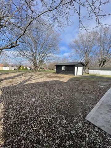 a view of a yard with a large tree