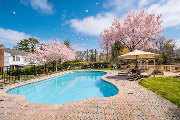 a view of a swimming pool with lounge chairs