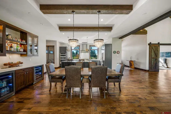 a view of a dining room with furniture