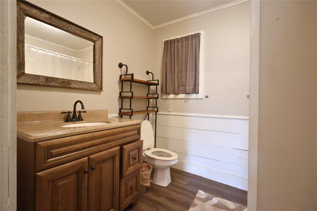 210 Hopkins Street Alba, TX 75410 - Photo 15 of 36 Bathroom with crown molding, vanity, wood finished floors, and a wainscoted wall