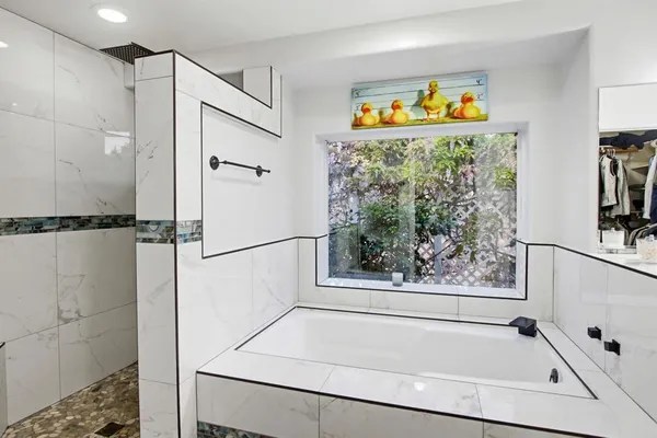 a bathroom with a shower and a toilet