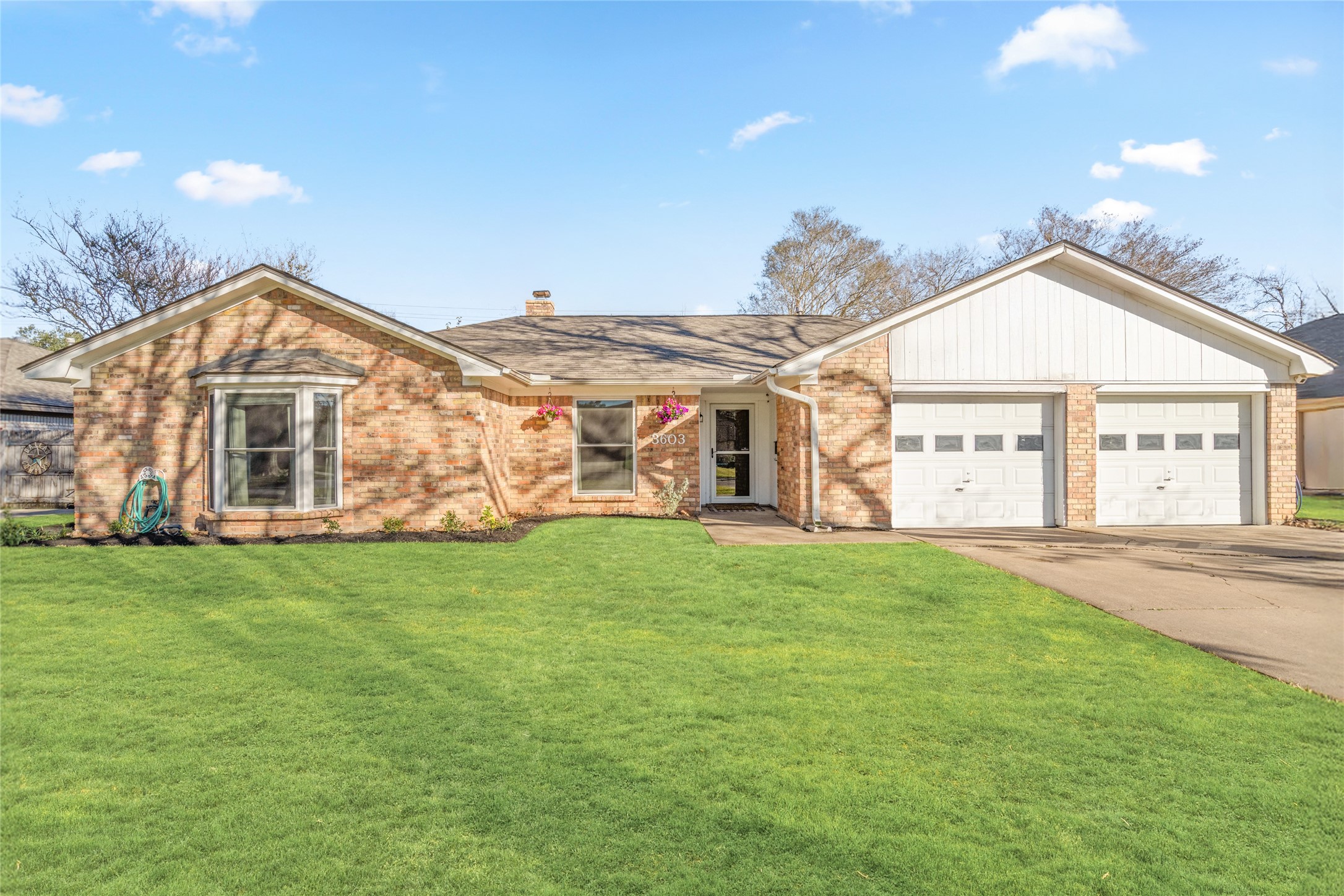 a view of a yard in front of a house with plants and large trees