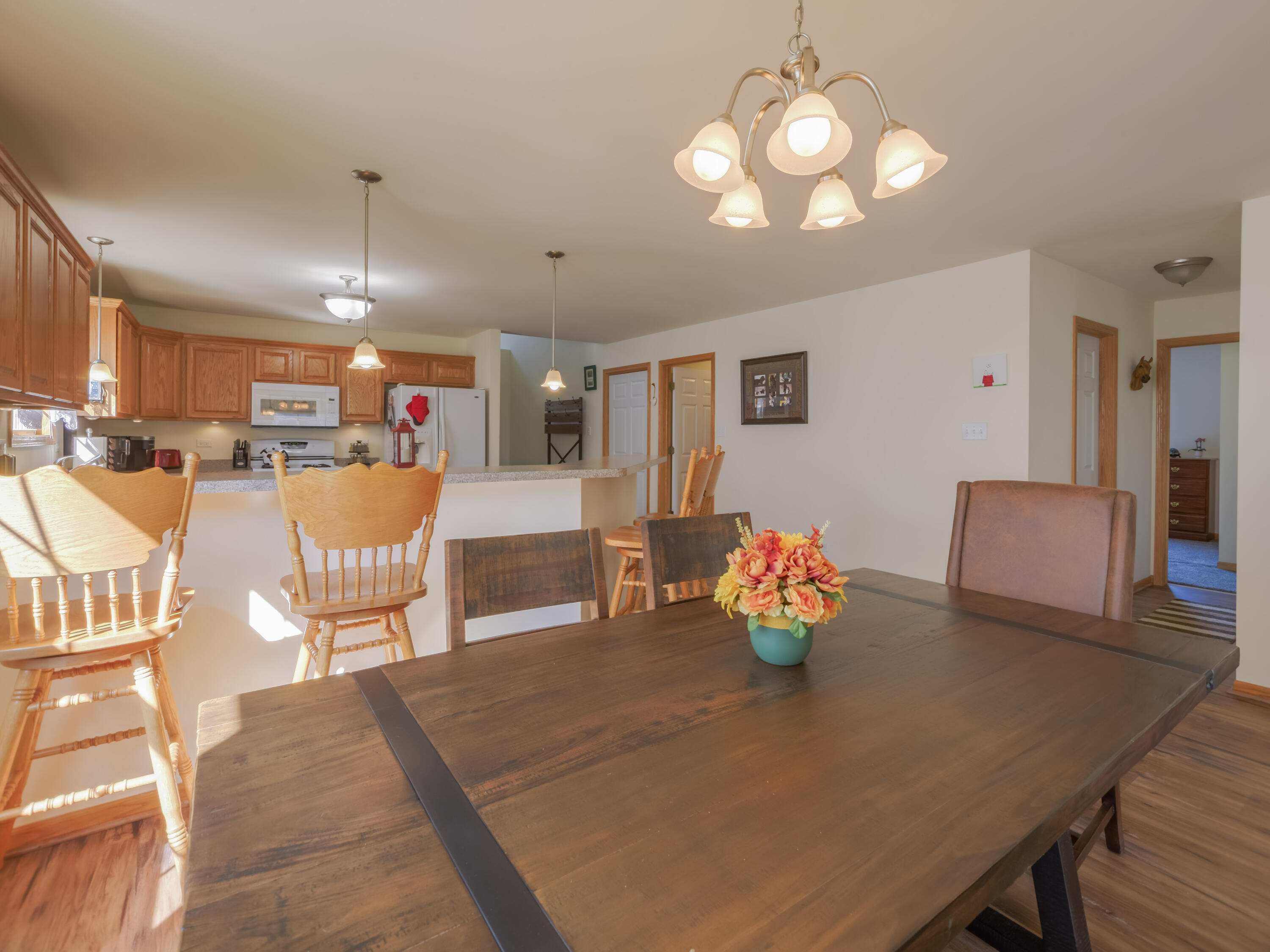 10123 Azalea Drive Crown Point, IN 46307 - Photo 14 of 32 a dining room with wooden floor a chandelier a wooden table and chairs