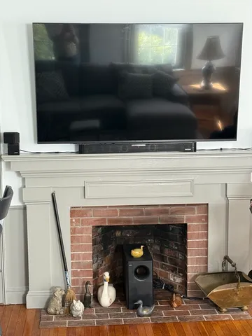 a close view of a fireplace in kitchen