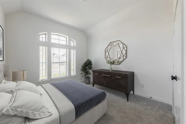 a bedroom with a bed window and a mirror