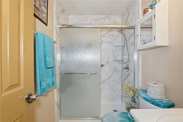 a bathroom with a shower and a toilet