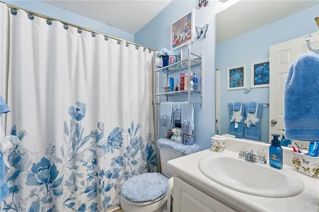 a bathroom with a sink a toilet and shower curtain