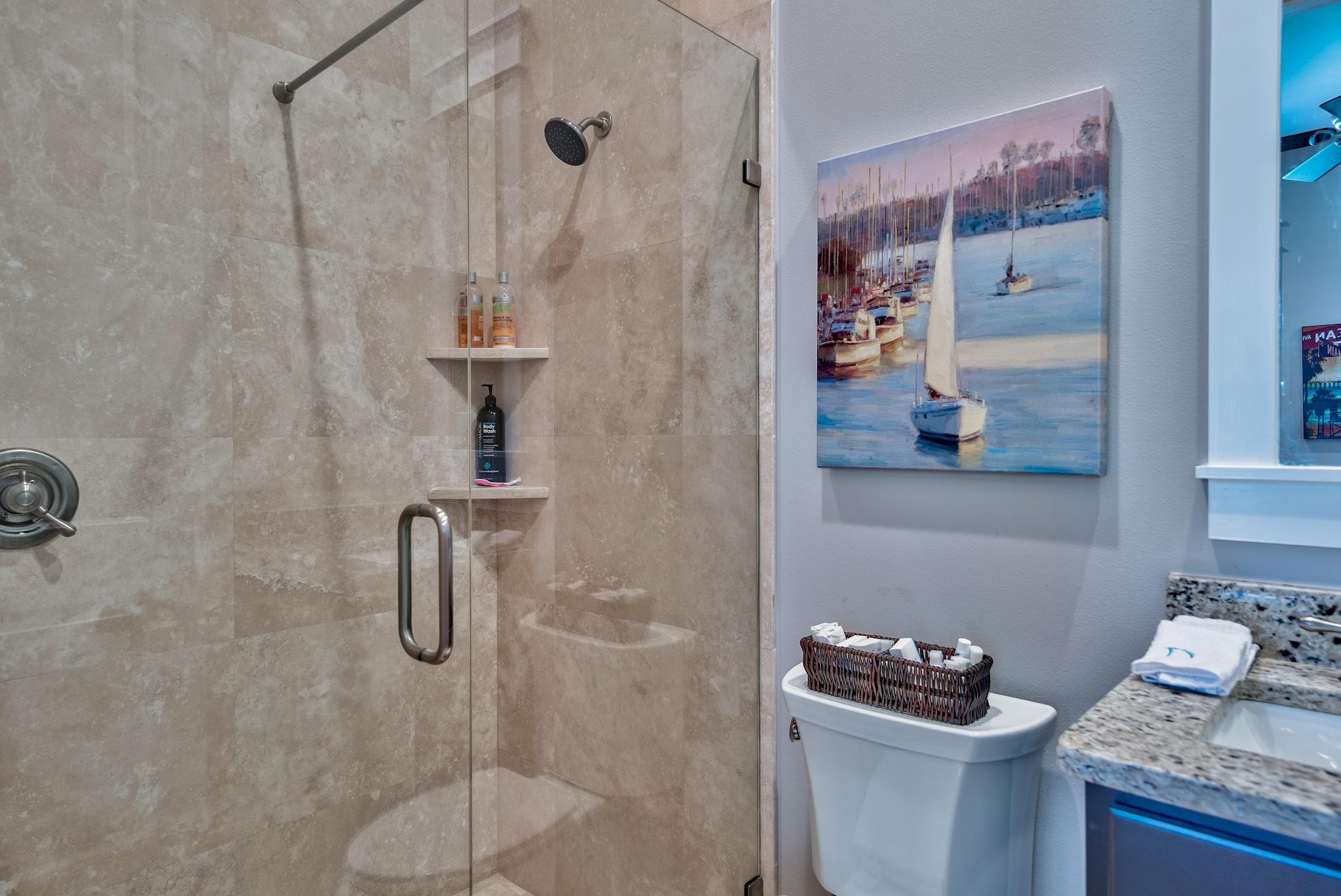 254 Jack Knife Drive Inlet Beach, FL 32461 - Photo 19 of 28 a bathroom with a granite countertop sink a toilet and shower