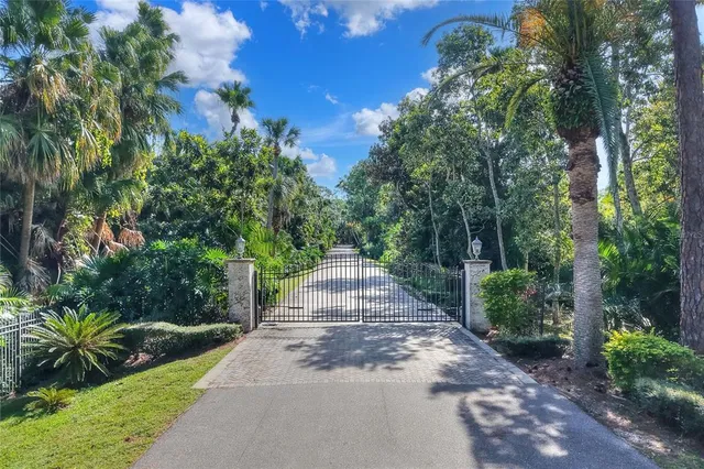 a view of a pathway with a garden