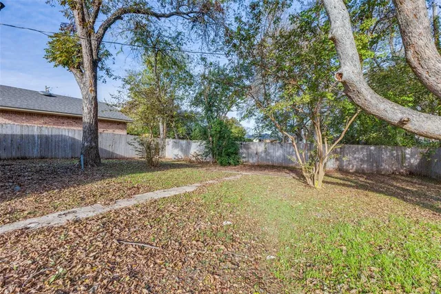 a view of a yard with plants and trees