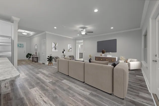 a kitchen with a sink window and cabinets