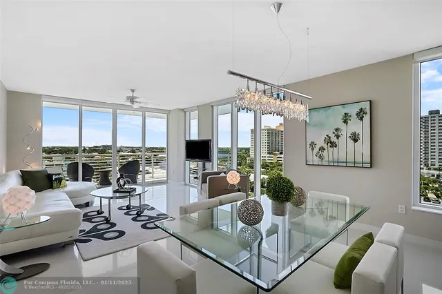 a living room with furniture and floor to ceiling window