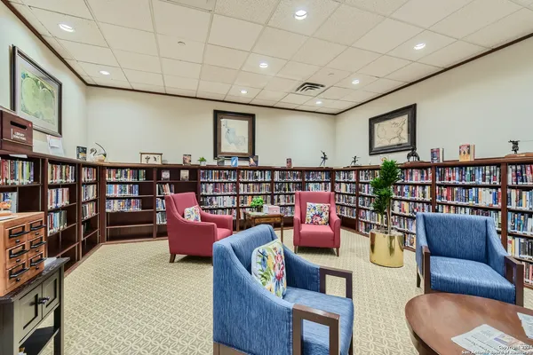 a living room with furniture a rug and a book shelf