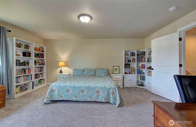 a bedroom with a bed and a bookshelf