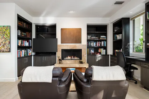 a view of a park with large trees